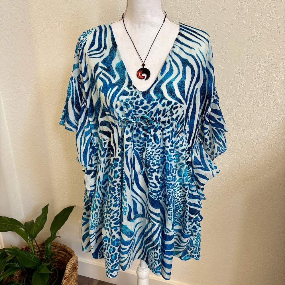 True Destinations cotton blue and white cover up mini summer dress XS